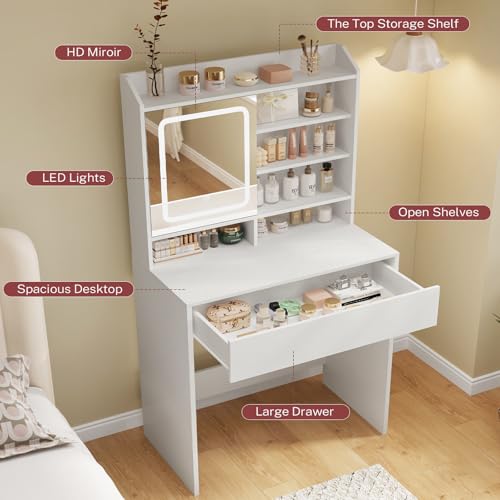 White Small Vanity Desk with Mirror and Lights, 1 Drawer & 3 Shelves I448