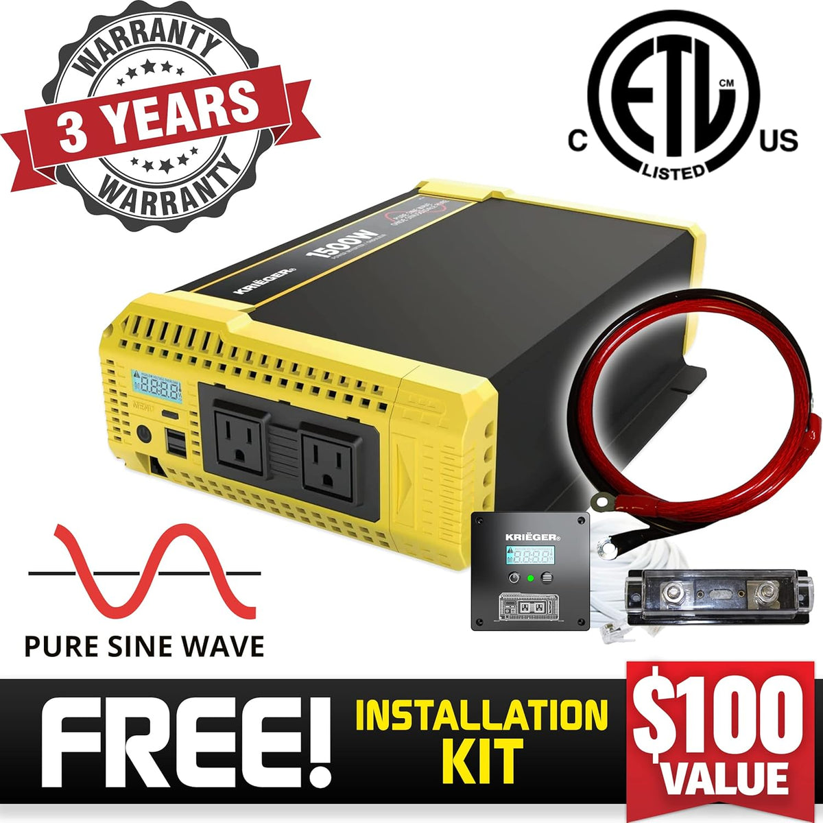 1500 Watt 12V Pure Sine Inverter Dual AC Outlets & USB X46303