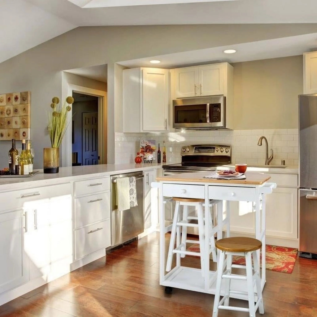 White Rolling Kitchen Cart with Stools I464
