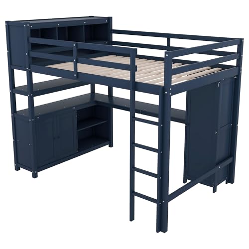 Full Size Wood Loft Bed with Desk and Storage K454