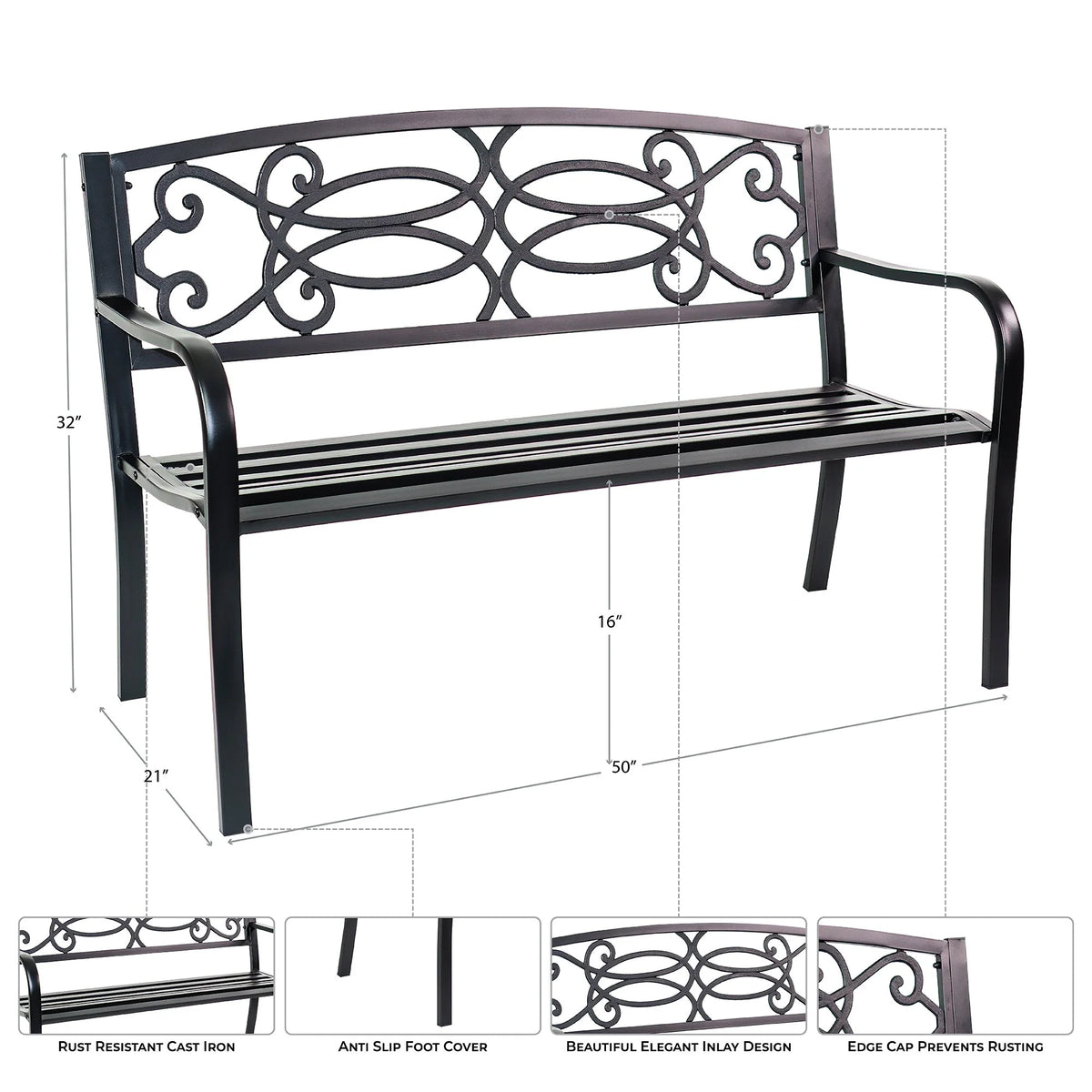 50" Steel Frame Cast Iron Backrest Garden Bench B780