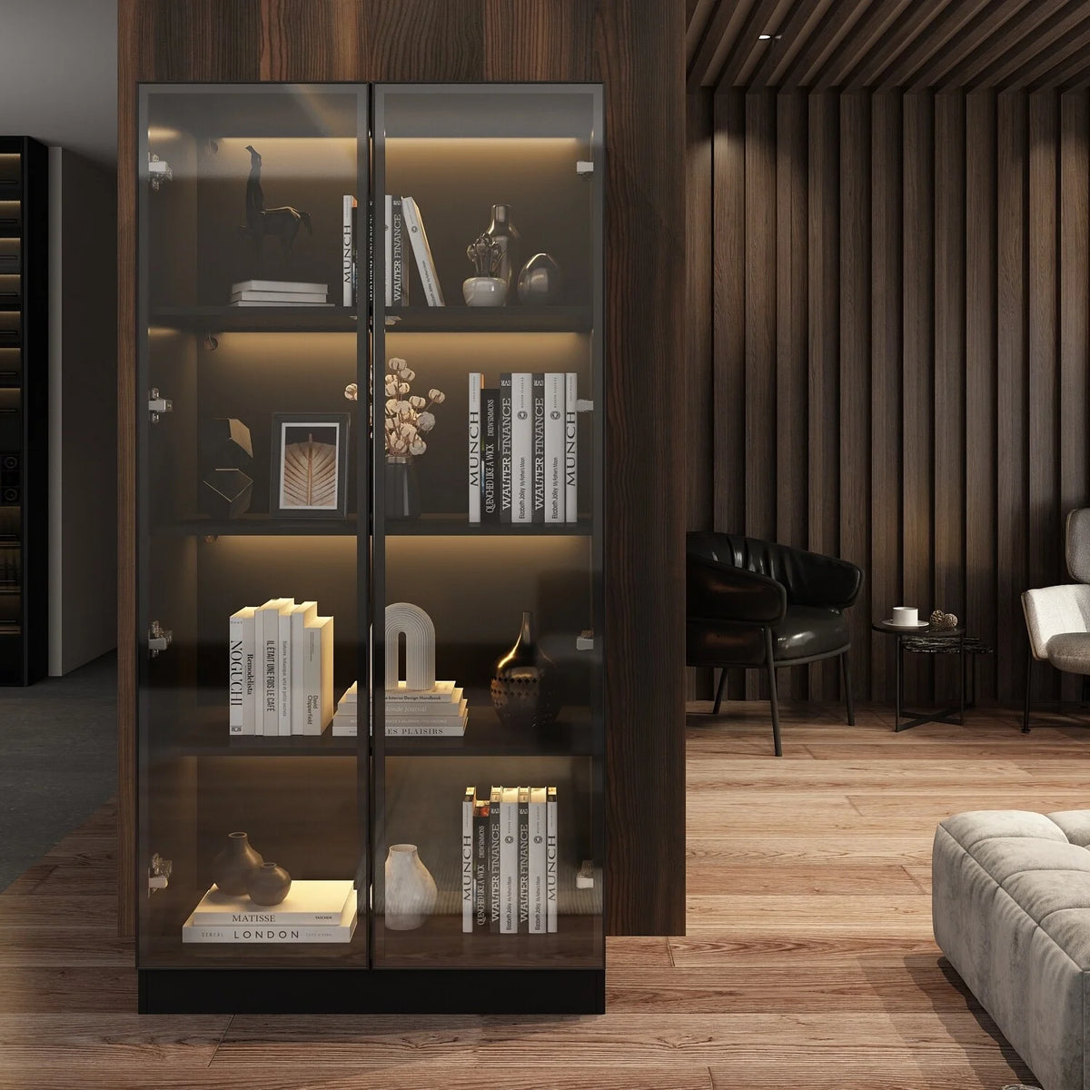 Black Glass Wood Display Cabinet with 4 Shelves H692