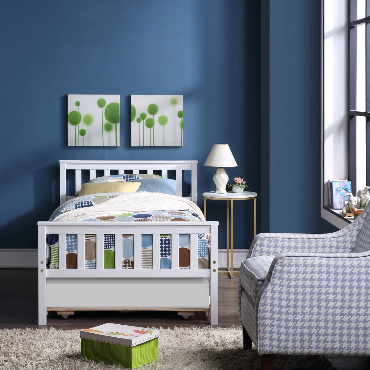 White Solid Pine Wood Twin Platform Bed with Trundle and Headboard Q631457