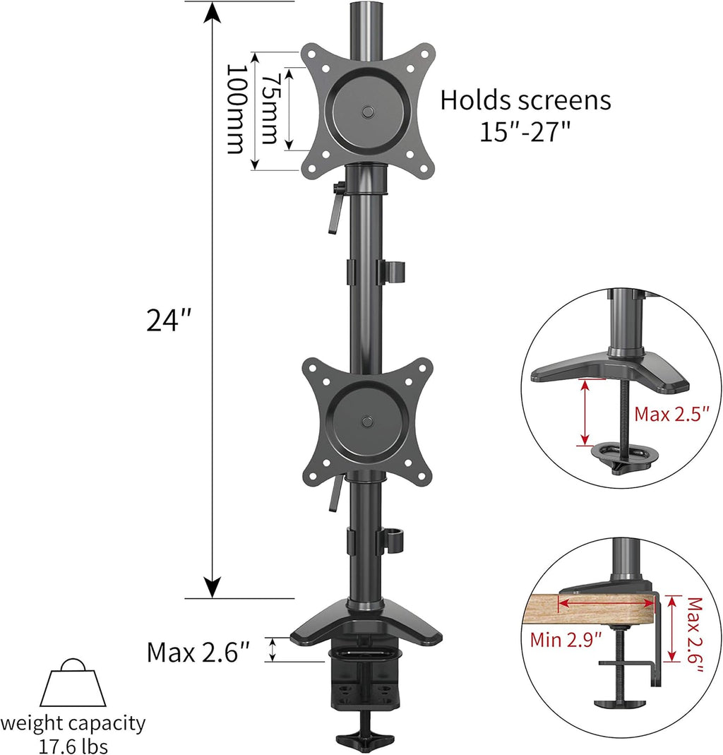 Vertical Dual Monitor Mount, Height Adjustable Heavy Duty C-Clamp and Grommet Mounting Base, VESA 75*75mm/100*100mm W2406