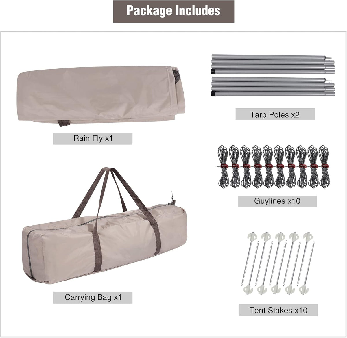 Camping Tent Tarp with Poles, 4-6 Person PU 3000mm Lightweight Awning Canopy Sun Shelter E293875