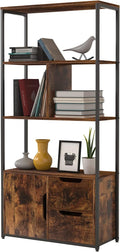 Industrial 5 Tier Bookshelf with 2 Drawers and Cabinet, Rustic Brown W367