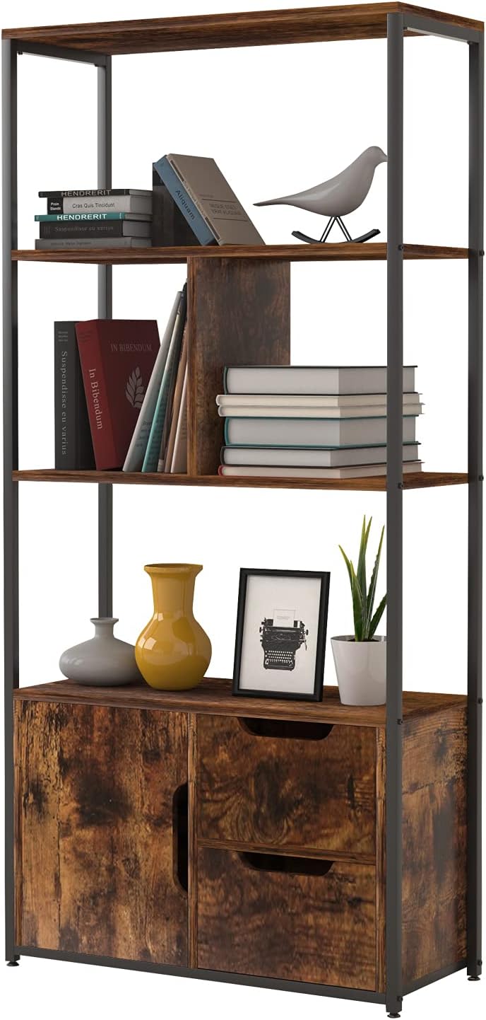 Industrial 5 Tier Bookshelf with 2 Drawers and Cabinet, Rustic Brown W367