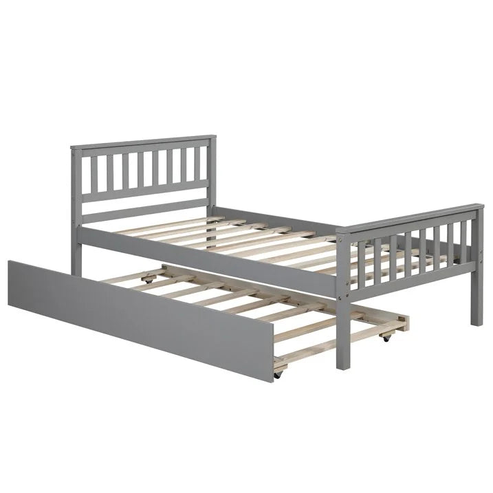 White Solid Pine Wood Twin Platform Bed with Trundle and Headboard Q631457