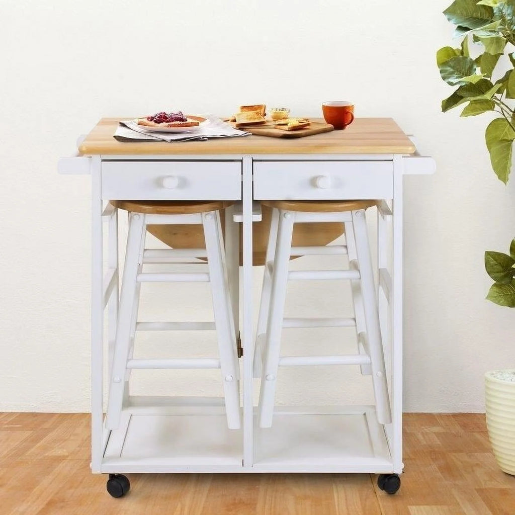 White Rolling Kitchen Cart with Stools I464