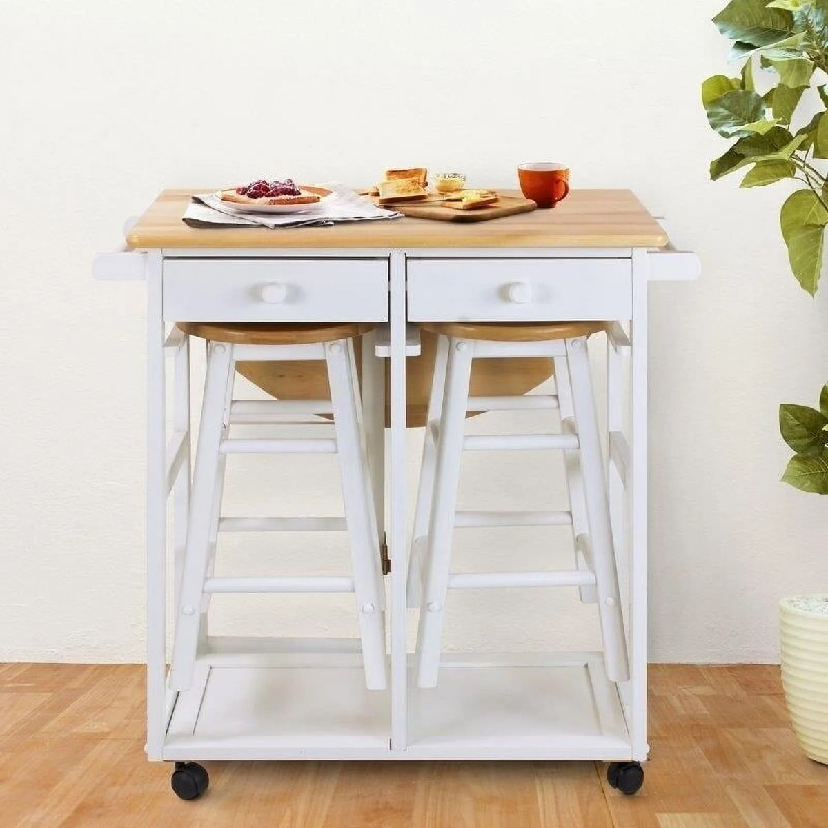 White Rolling Kitchen Cart with Stools I464