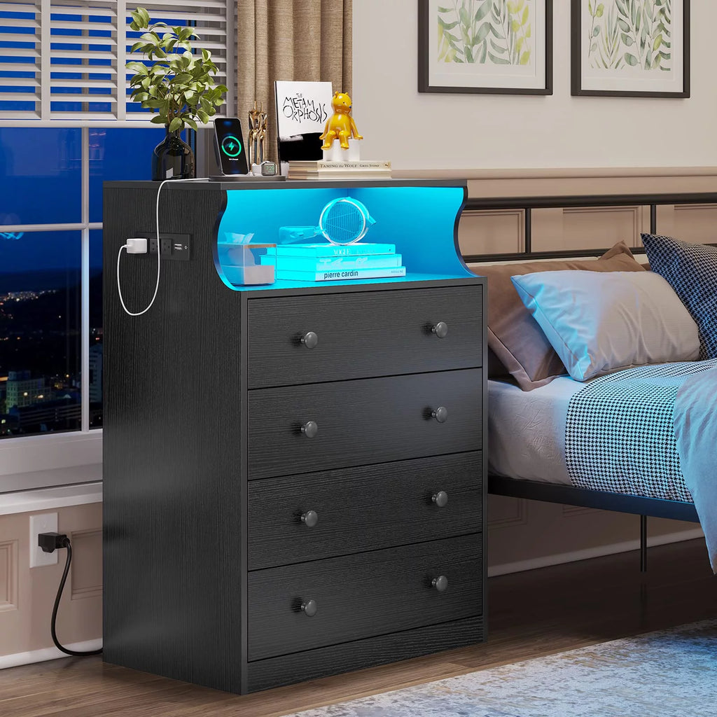 Black 4 Drawer Dresser with LED Lights and Charging Station J41706
