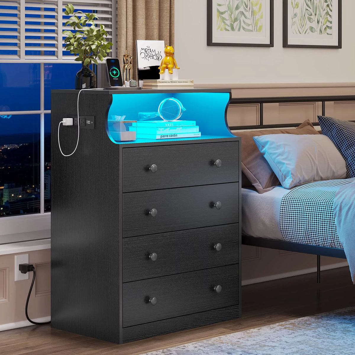 Black 4 Drawer Dresser with LED Lights and Charging Station J41706