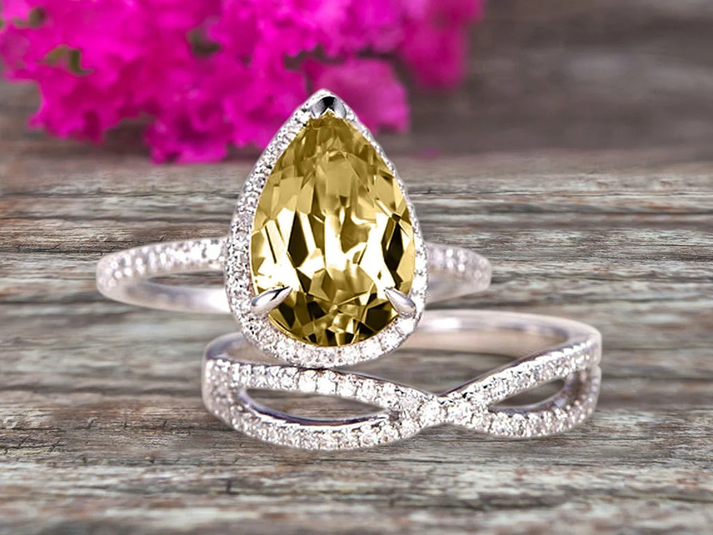 Champagne Diamond Moissanite Engagement Ring 2.5 Carat Pear Shape Gemstone Wedding Set On 10k White Gold With Matching Band U727
