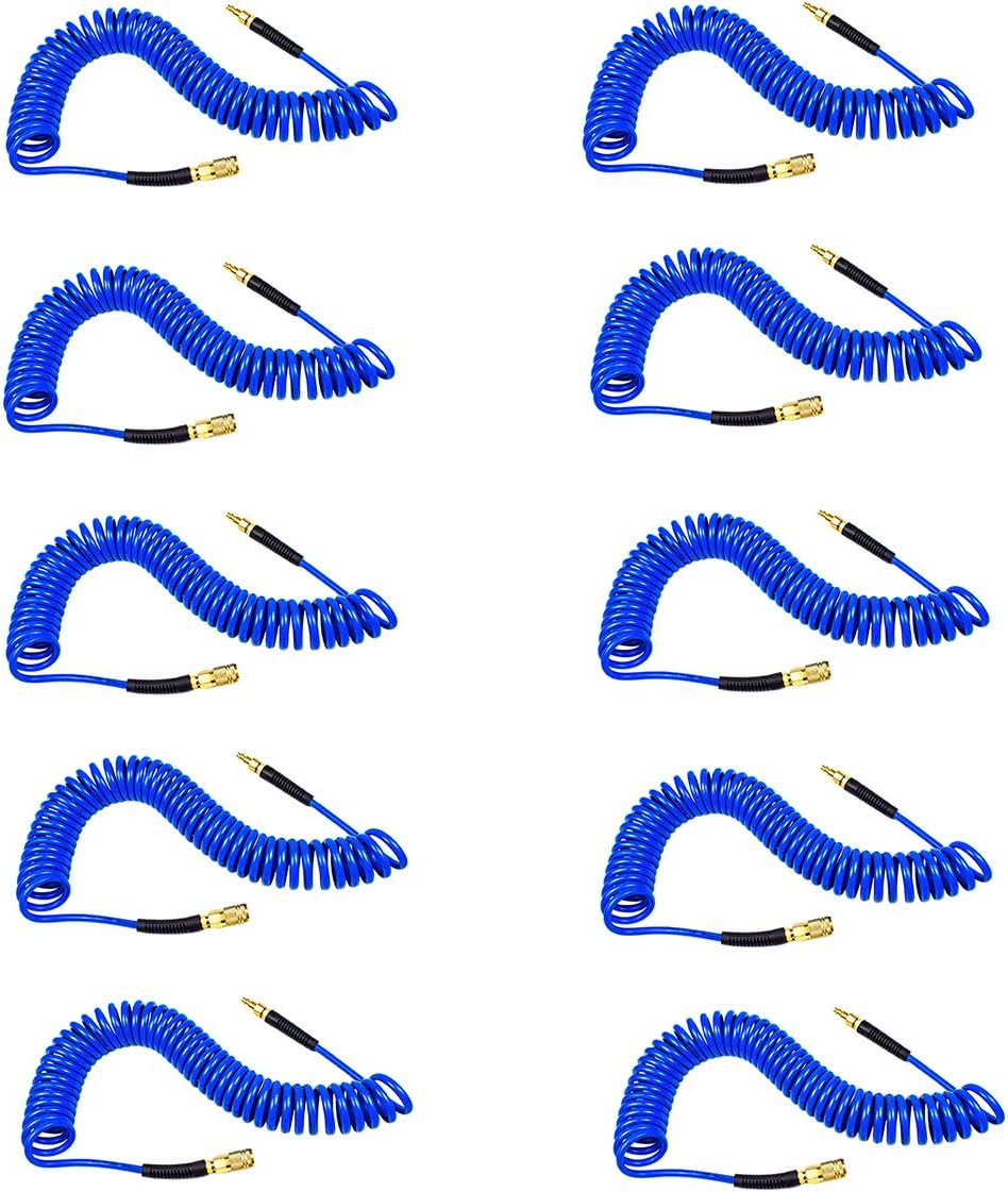 10-Pack Blue Polyurethane Recoil Air Hose 1/4" by 25' with Bend Restrictor and Quick Coupler N22244