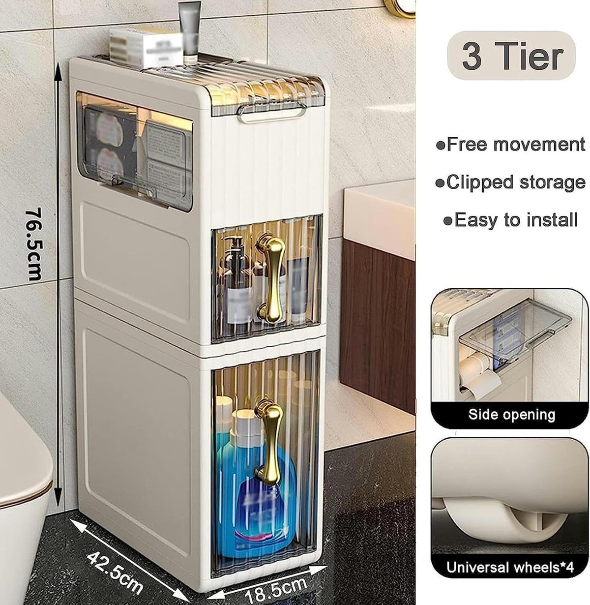 Narrow Bathroom Floor Storage Cabinet with Drawers and Wheels R535