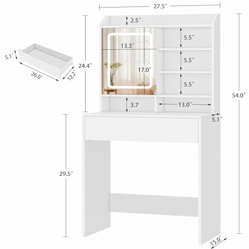White Small Vanity Desk with Mirror and Lights, 1 Drawer & 3 Shelves I448