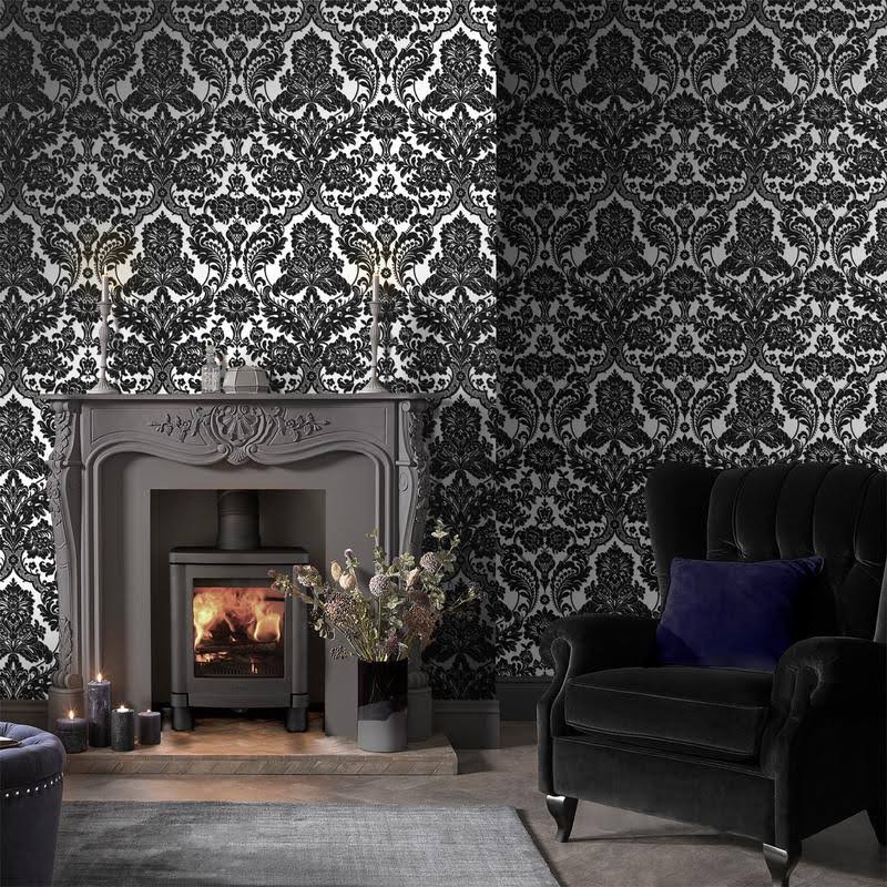 Gothic Damask Flock White Wallpaper I77030
