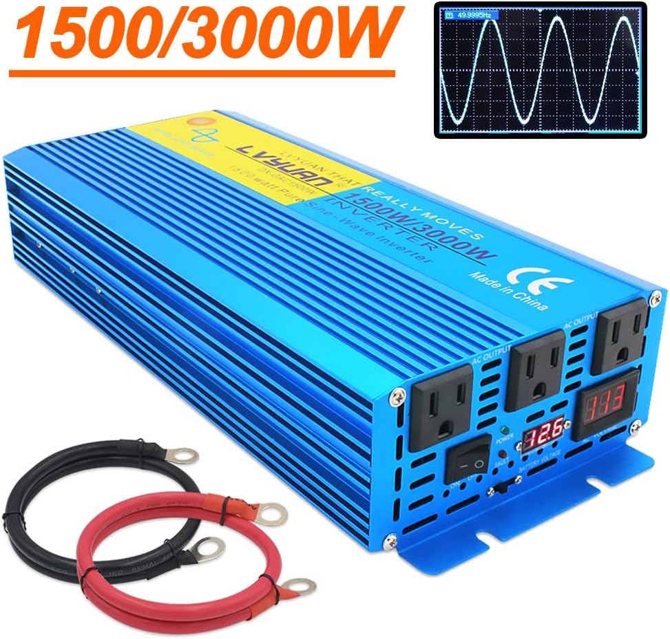 1500W Pure Sine Wave Power Inverter 12V DC to 110V AC with 3 AC Outlets K68405