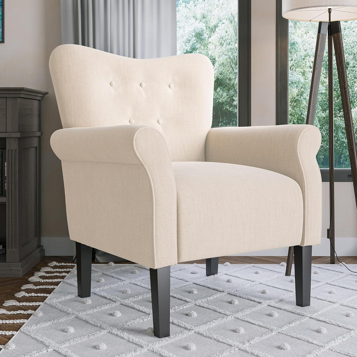 Beige Upholstered High Back Armchair with Wooden Legs X431