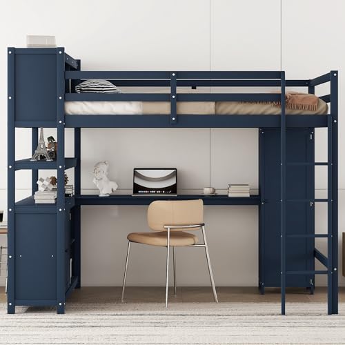 Full Size Wood Loft Bed with Desk and Storage K454
