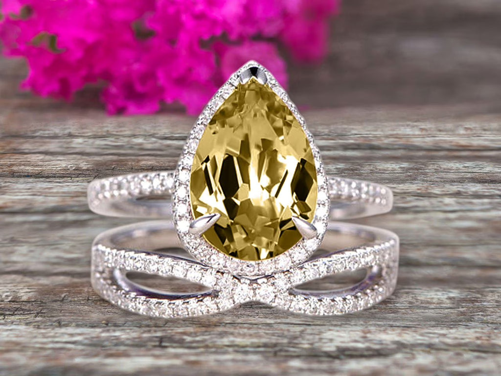 Champagne Diamond Moissanite Engagement Ring 2.5 Carat Pear Shape Gemstone Wedding Set On 10k White Gold With Matching Band U727