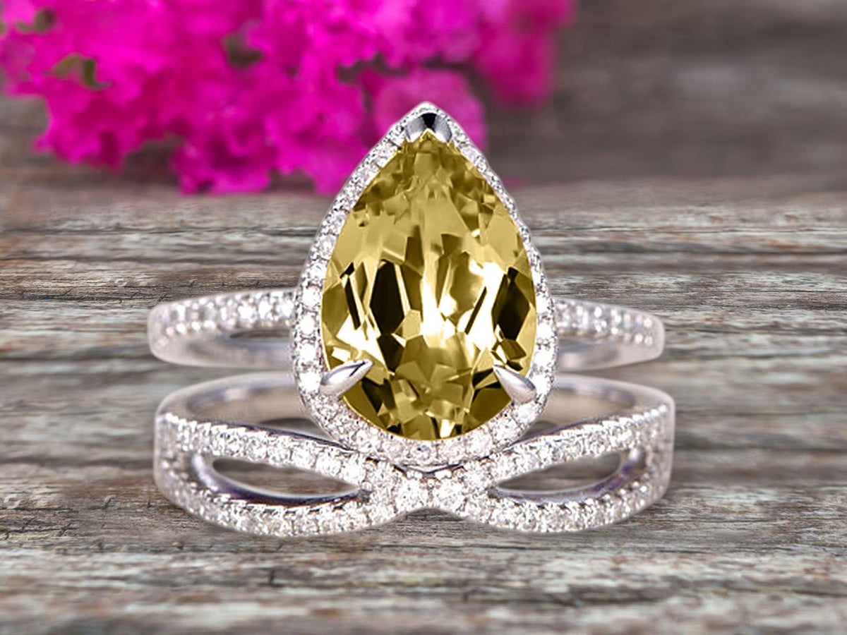 Champagne Diamond Moissanite Engagement Ring 2.5 Carat Pear Shape Gemstone Wedding Set On 10k White Gold With Matching Band U727