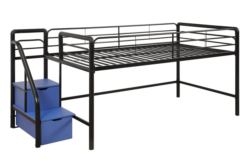 Black Blue Twin Metal Loft Bed with Storage Steps W2150
