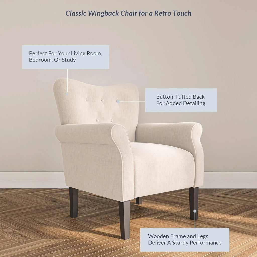 Beige Upholstered High Back Armchair with Wooden Legs X431