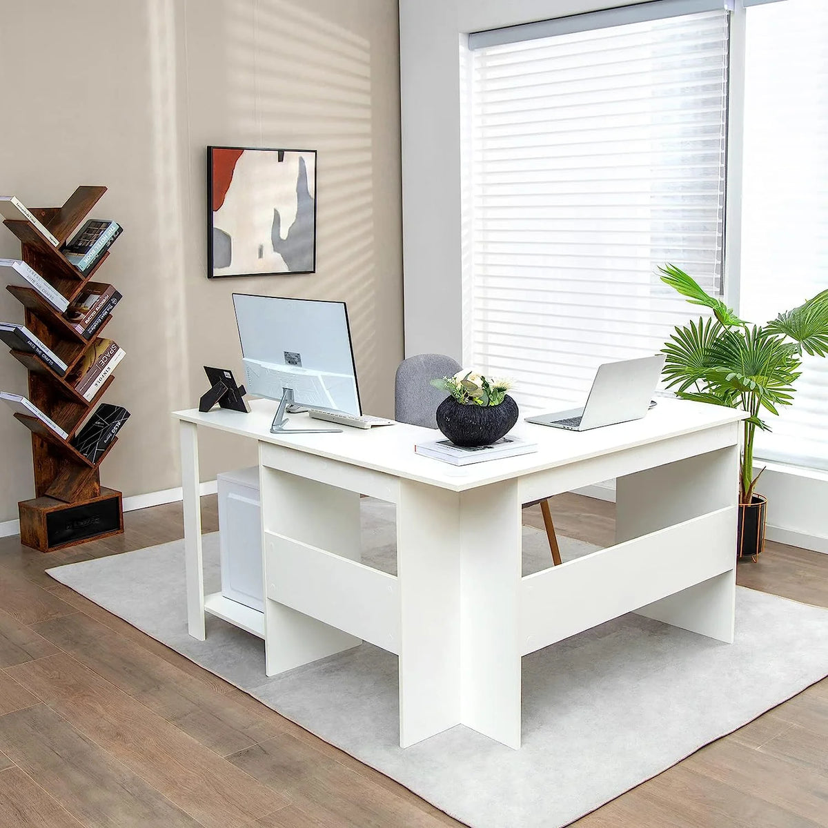 White L-Shaped Desk with Shelves X498