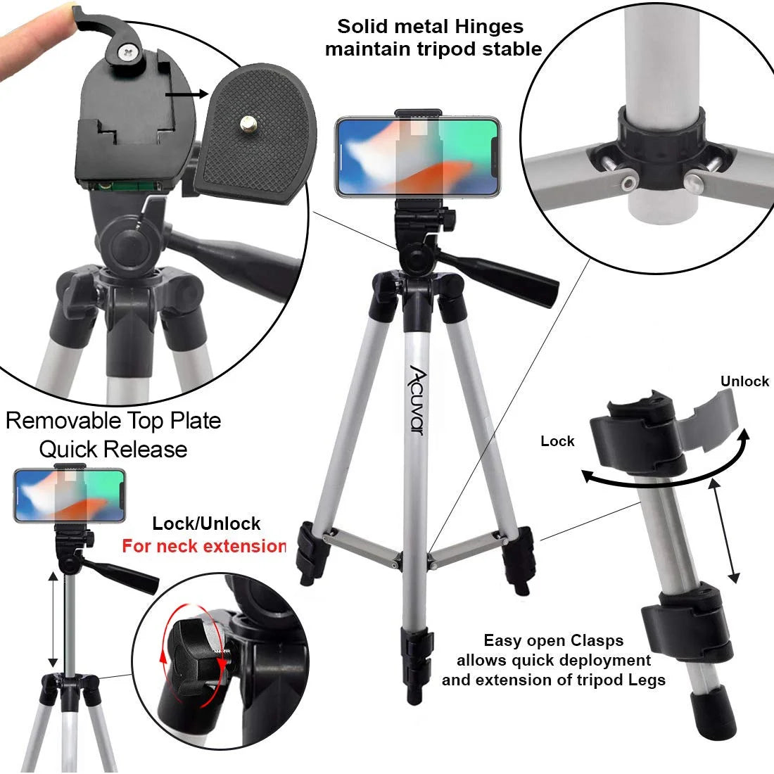 50" Tripod Vlogging Kit with 2 LED Lights, Phone Holder, Gopro Mount, Bluetooth Remote & Screen Cleaner Stand N154780
