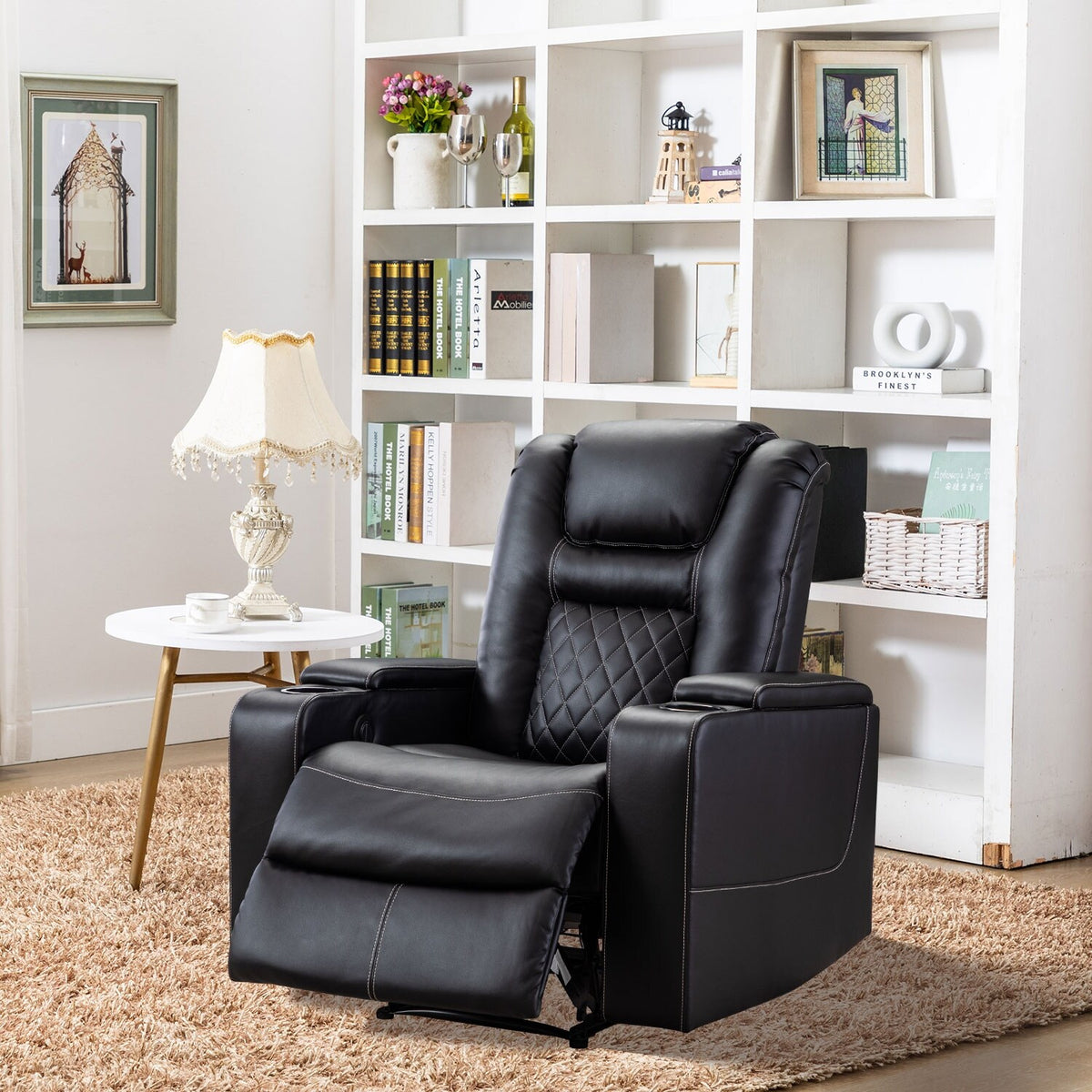 Brown Leather Home Theater Seating with USB Ports and Cup Holders X764848