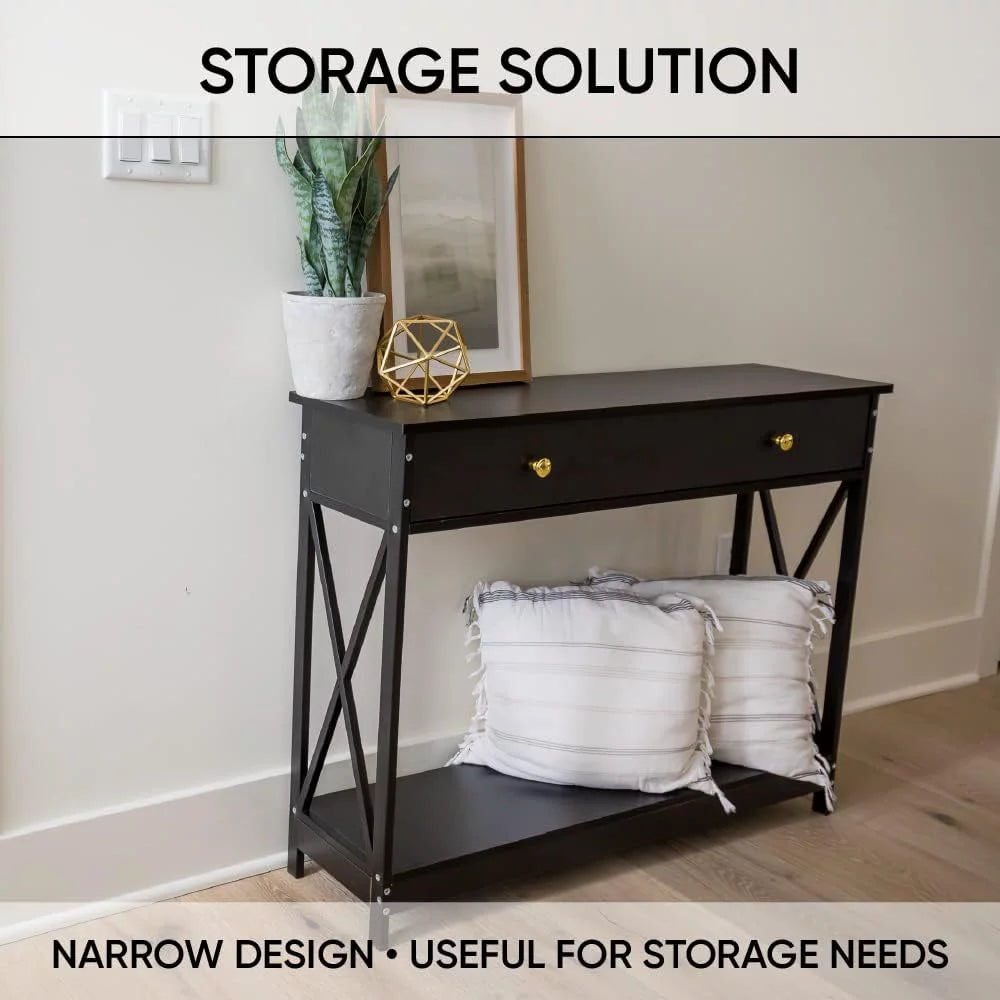 Narrow Wood Sofa Table with Drawer and Shelf J424436