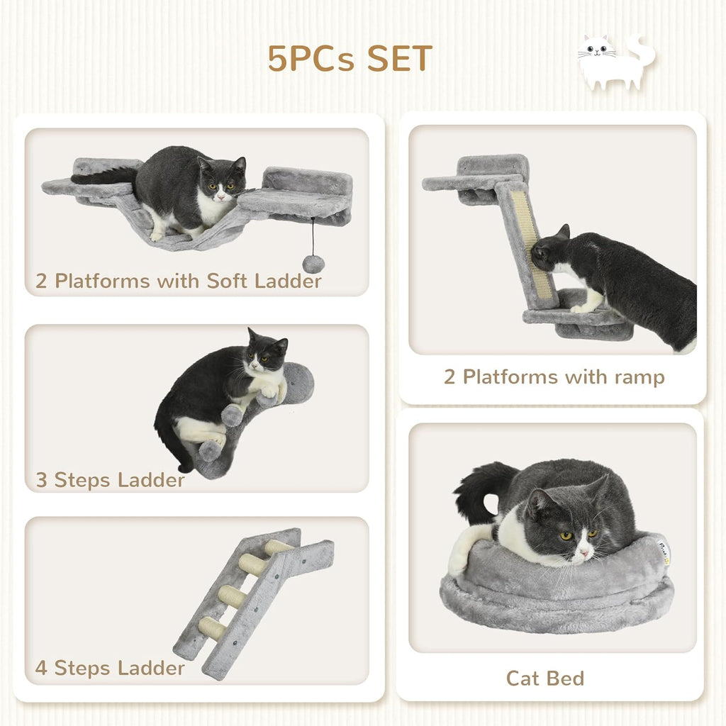 Gray 5PCs Cat Wall Shelves with Soft Plush Sisal R152971