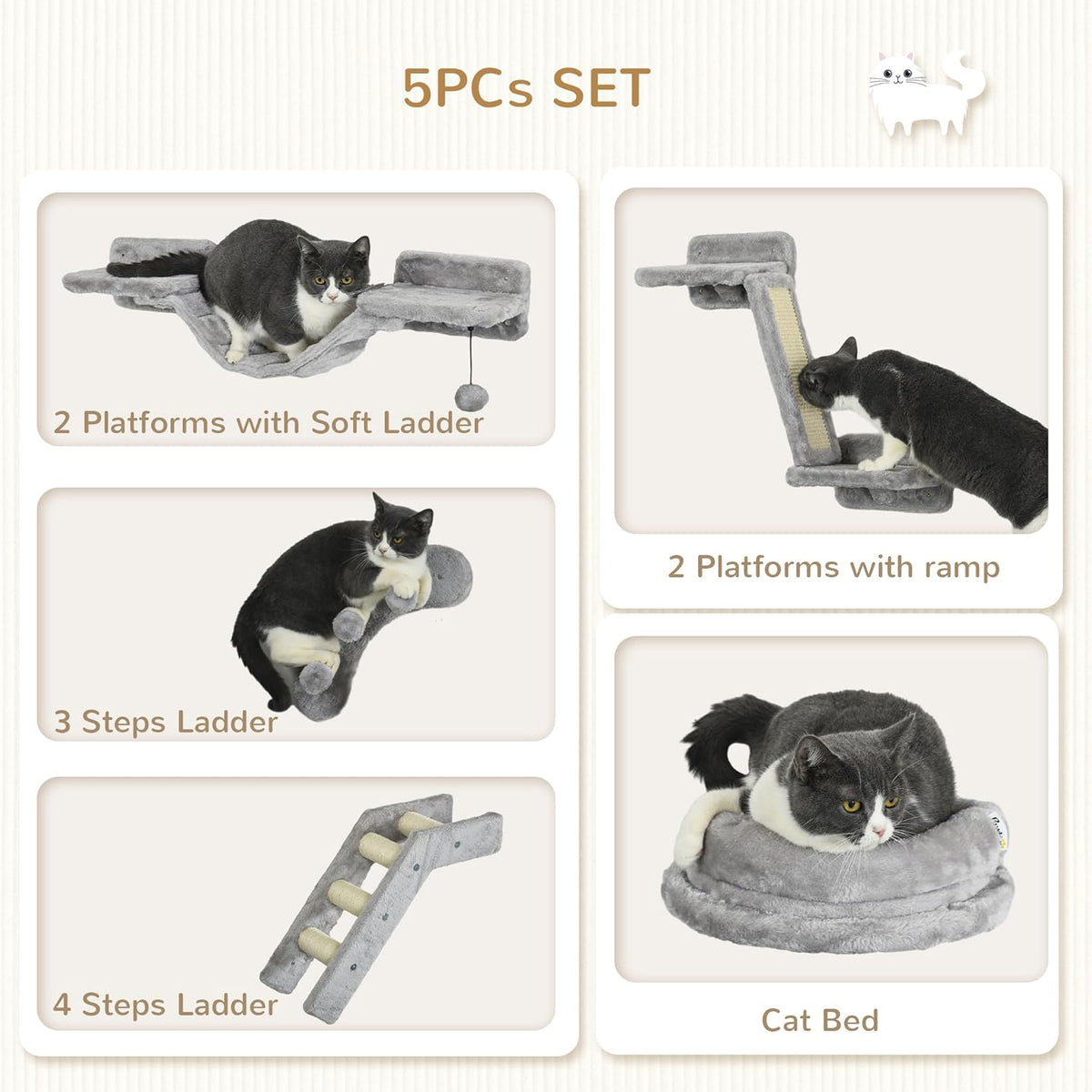 Gray 5PCs Cat Wall Shelves with Soft Plush Sisal R152971