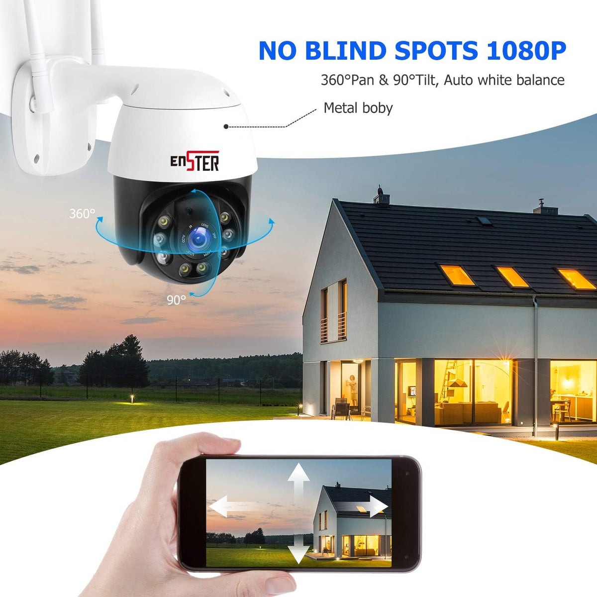 Outdoor Security Camera, 360° Panoramic PTZ WiFi Camera, 1080P Color Night Vision, Two-Way Audio J9106