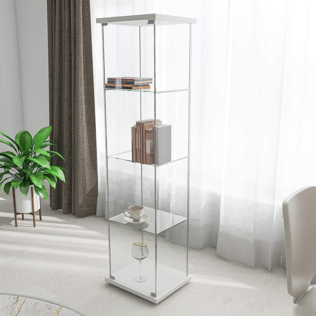 White Wood 4-Shelf Glass Display Cabinet with Door K16675