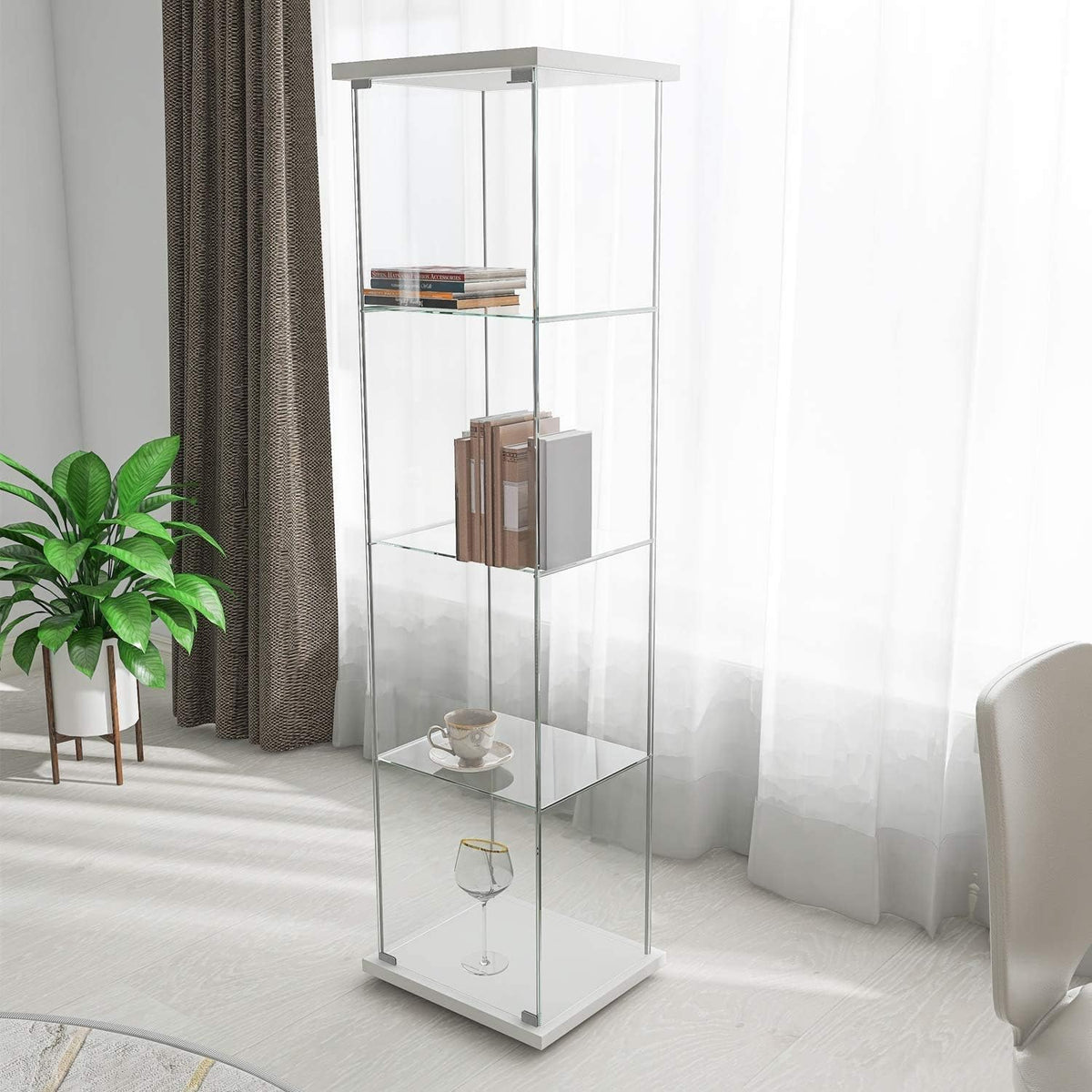White Wood 4-Shelf Glass Display Cabinet with Door K16675