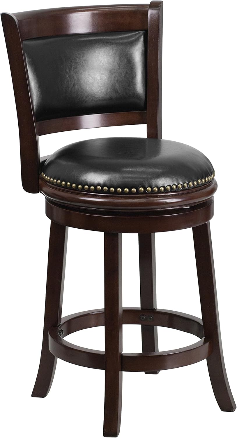 Cappuccino Wood Counter Height Stool with Panel Back and Black LeatherSoft Swivel Seat I29410