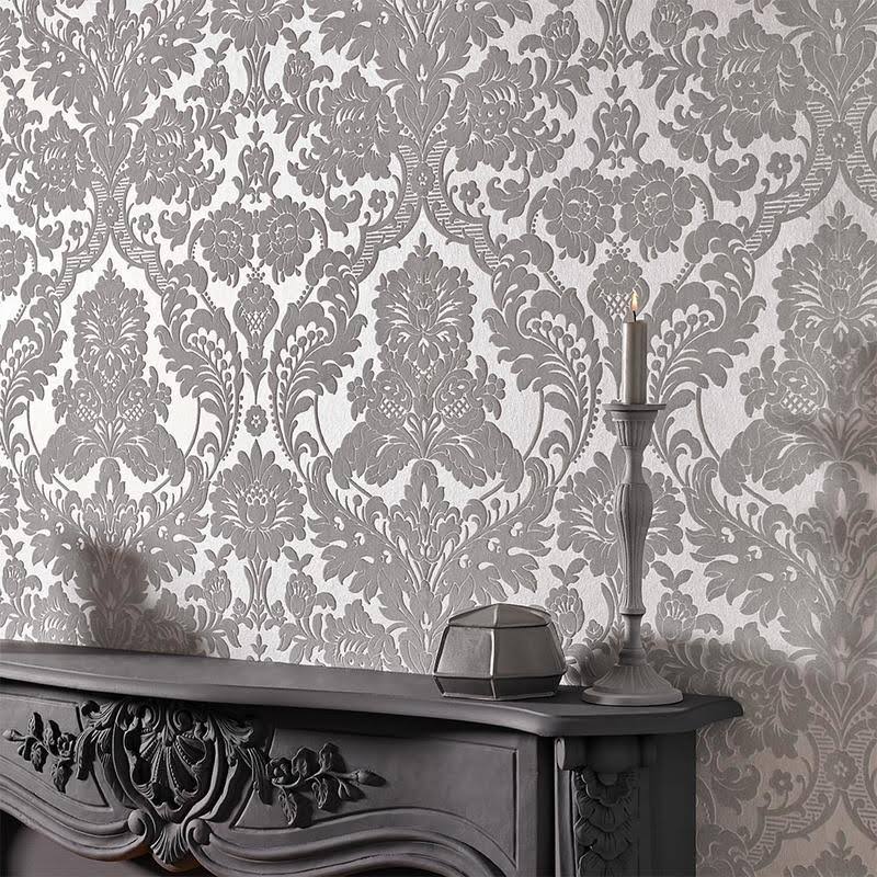 Gothic Damask Flock White Wallpaper I77030