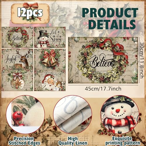 Christmas Placemats Set of 12, 12x18 Inch Linen Fabric Washable Table Mats H383