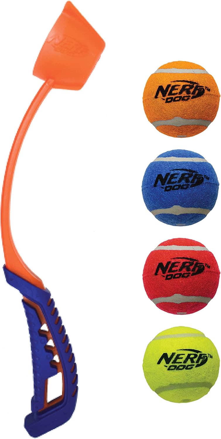 5-Piece Dog Toy Gift Set with Air Strike Launcher and Squeak Tennis Ball 4-Pack, Multicolored Q5823