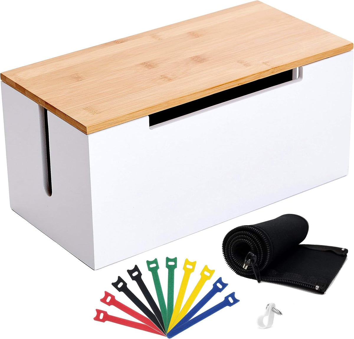 Bamboo Cable Management Box Organizer Large White M330