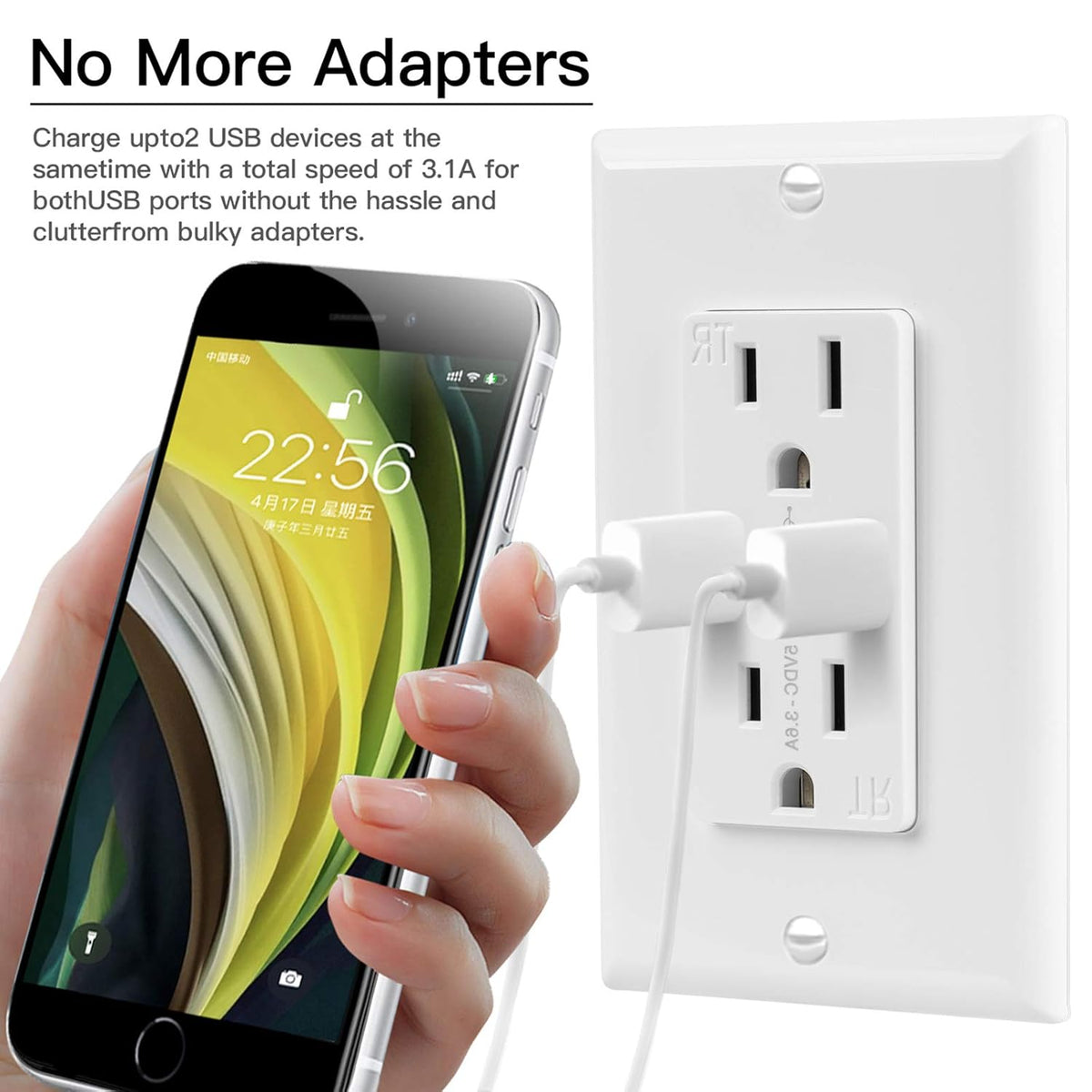 USB Wall Outlet Dual 3.6A USB Ports Charger, Duplex 15A Tamper-Resistant Receptacles, White, Pack of 2 B45509
