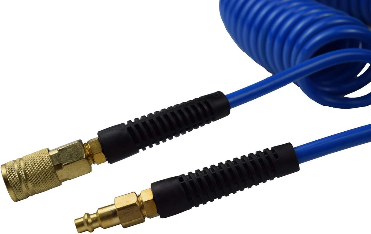 10-Pack Blue Polyurethane Recoil Air Hose 1/4" by 25' with Bend Restrictor and Quick Coupler N22244