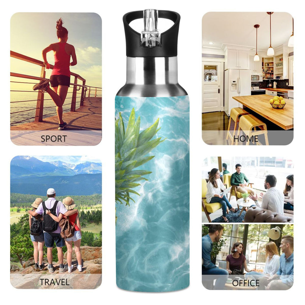 Yellow Pineapple on Blue Water Insulated Stainless Steel Water Bottle with Straw Lid 20 oz A962129