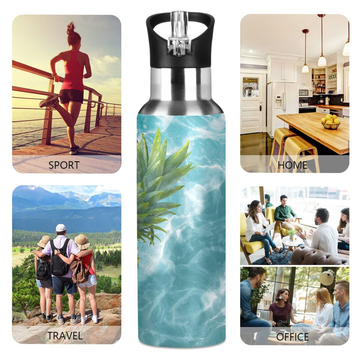 Yellow Pineapple on Blue Water Insulated Stainless Steel Water Bottle with Straw Lid 20 oz A962129
