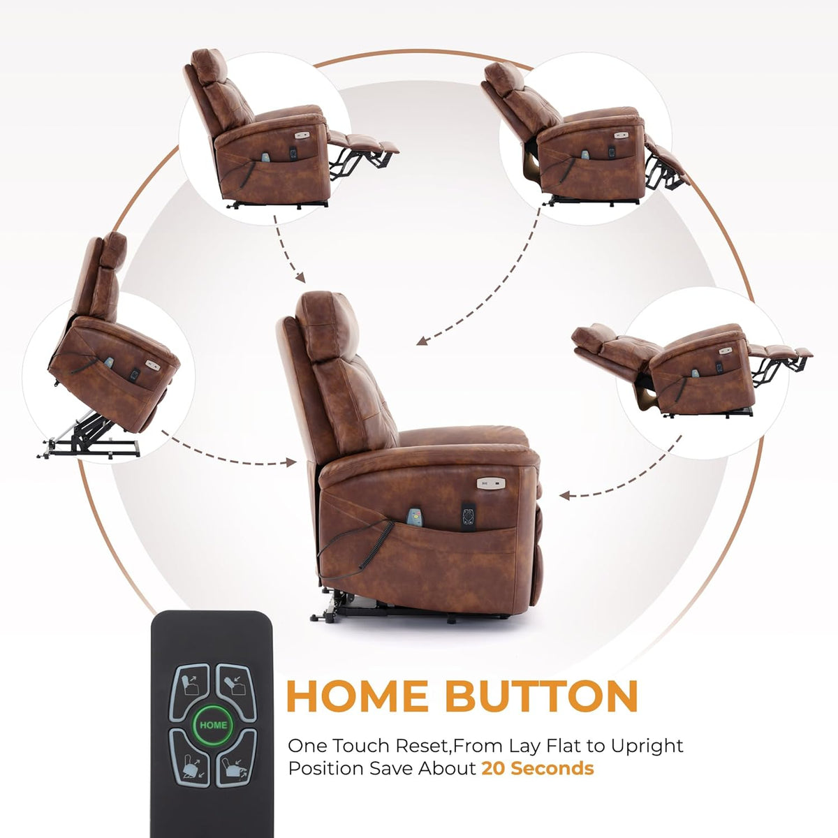 Caramel Leather Power Lift Recliner Chair with Heating and Massage Y707