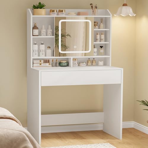 White Small Vanity Desk with Mirror and Lights, 1 Drawer & 3 Shelves I448