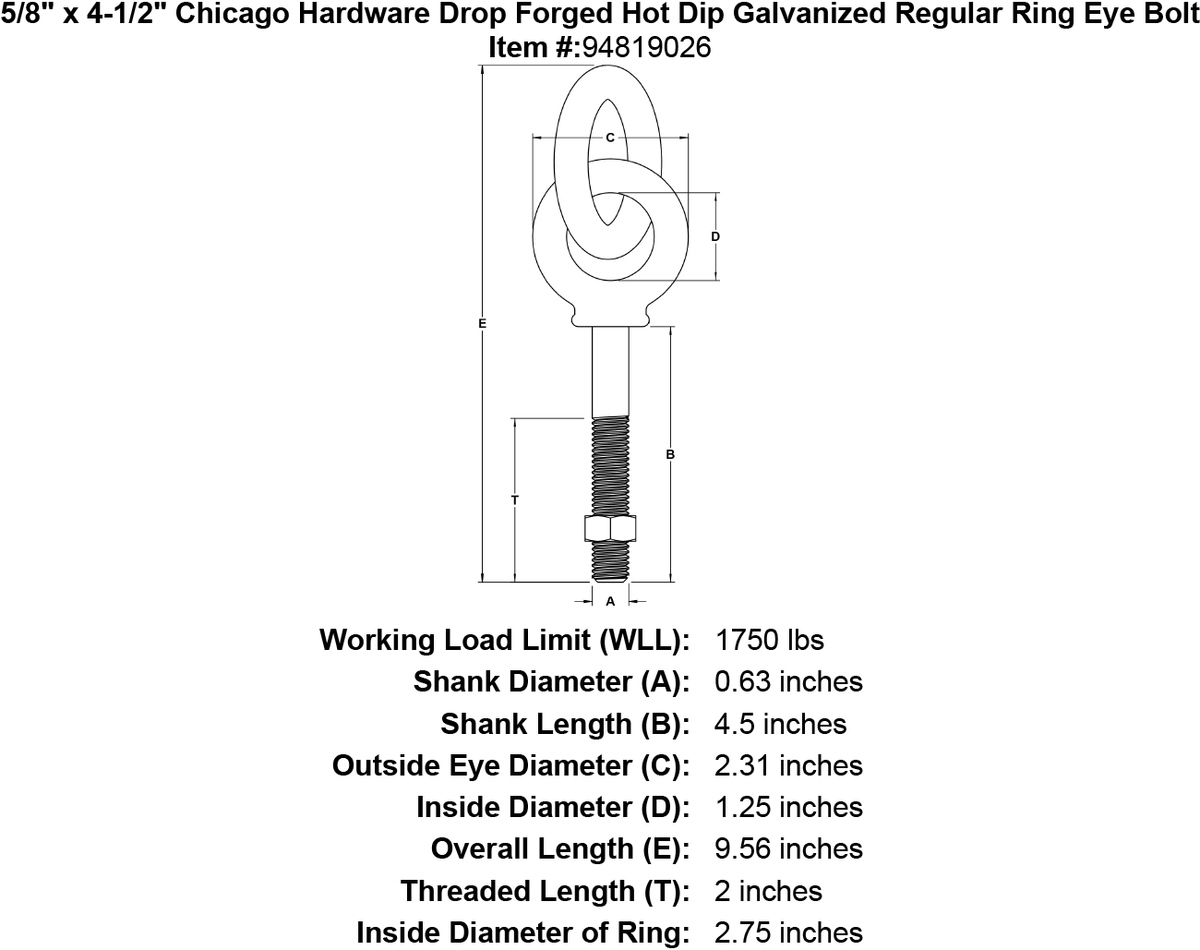 5/8 x 4-1/2 Galvanized Ring Eyebolt X577821