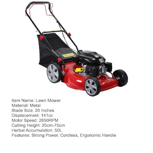 20-Inch Gas Push Lawn Mower, 141CC 4-Cycle Engine, Self Propelled, Side Discharge, High Rear Wheels, 7-Position Single Wheel Height Adjustment (Red) G212